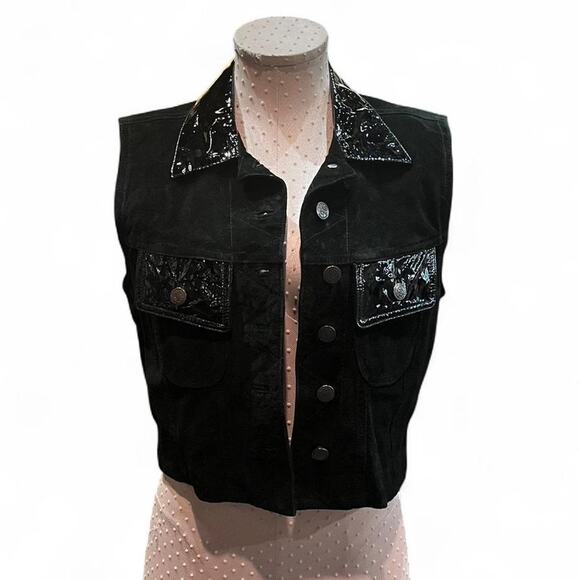 vintage Y2k Erez Levy Black Leather Vest with Patent Trim Size Small - Picture 1 of 5